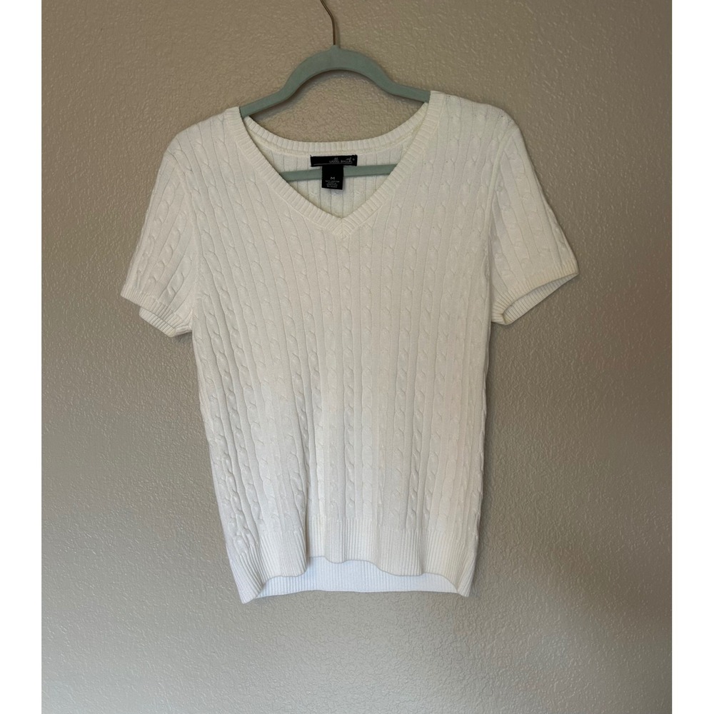 Willi Smith Womens Cream White Cable Knit V-Neck Short Sleeve Cotton Sweater M